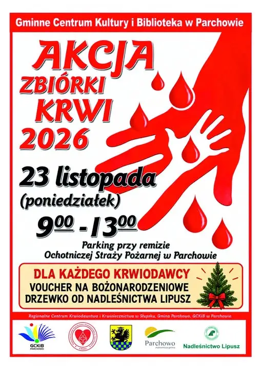 Zbiórka krwi w Parchowie – 23 listopada 2026. Oddaj krew i odbierz choinkę!