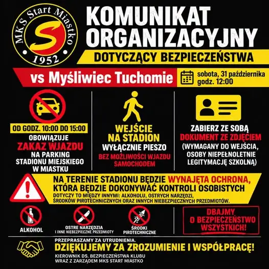 Mecz Start Miastko – Myśliwiec Tuchomie o podwyższonym ryzyku. Zmiany w organizacji ruchu