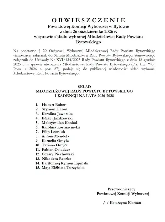Powiat Bytowski ma nową Młodzieżową Radę – znamy skład na kadencję 2026-2028